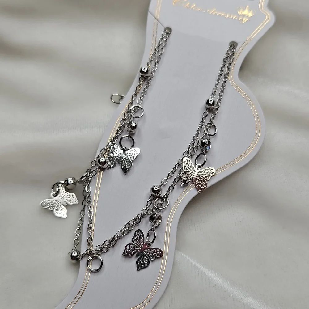 Women's Silver Tone Double Strand Butterfly Charm Ankle Bracelet Anklet Chain